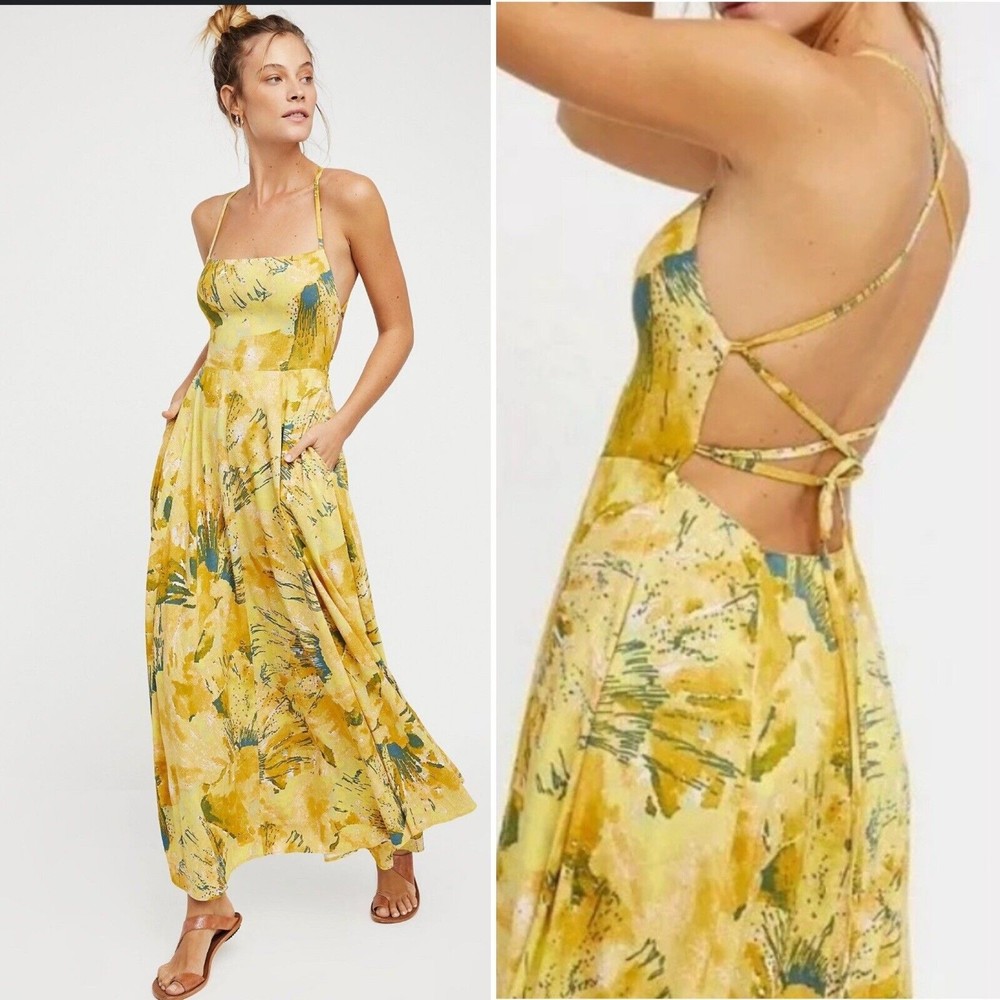 Free People Nellie Printed Maxi Dress Floral Tropical Cris Cross Open Back 6